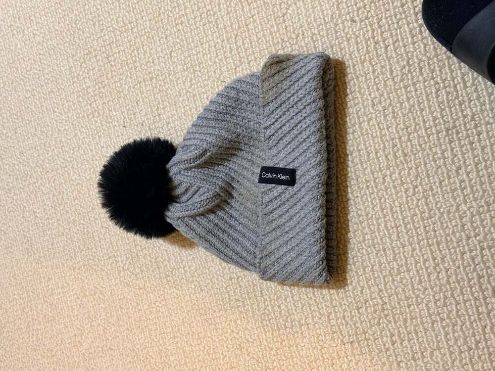 Calvin Klein Grey Ribbed Beanie Hat with Black Faux Fur Pom Pom